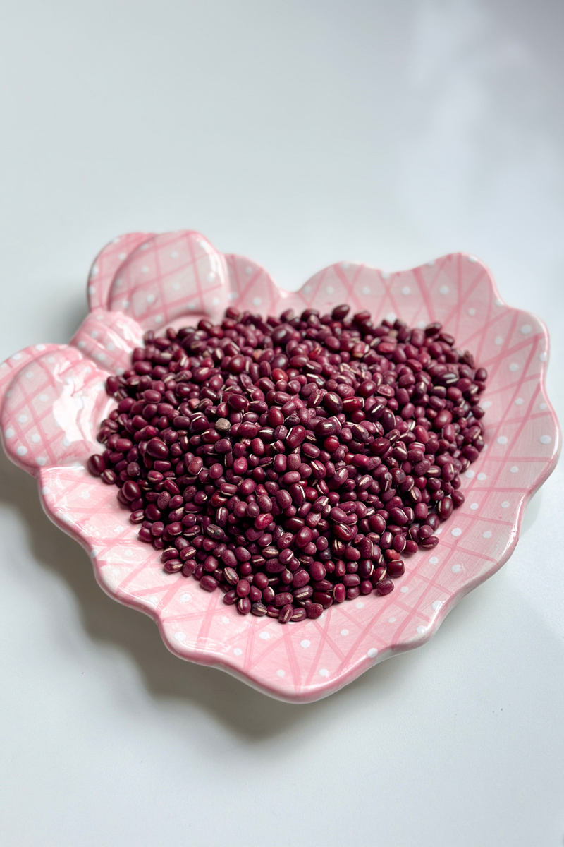 heart plate full of dried adzuki beans