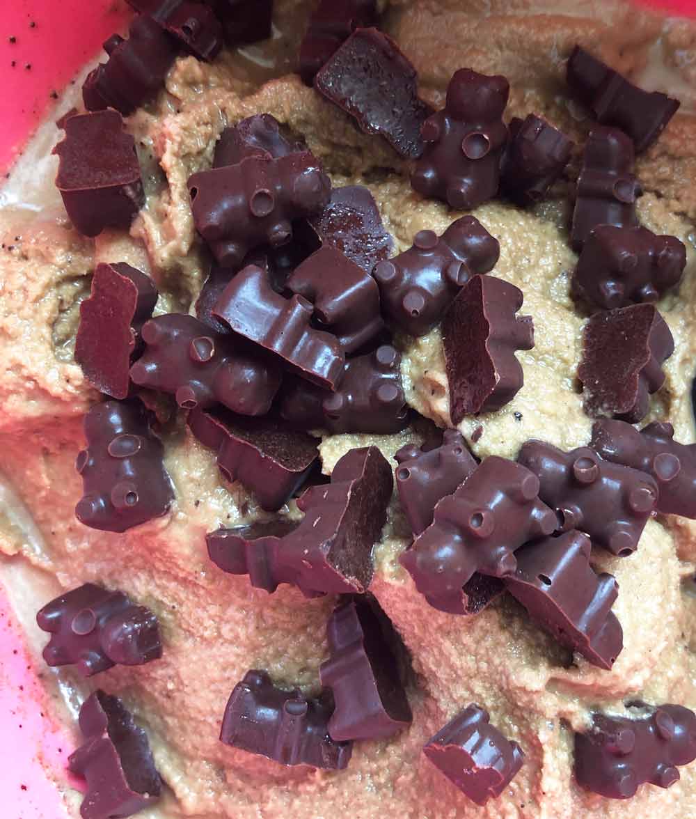 vegan bear-shaped coffee chocolates being mixed into ice cream