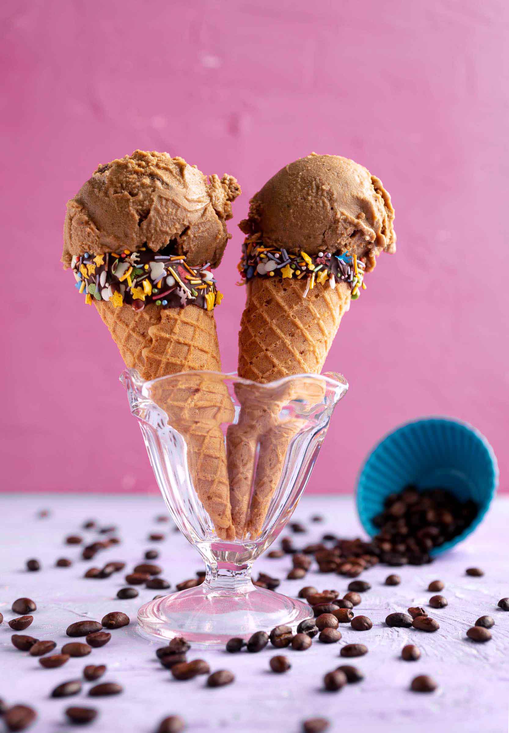 old fashioned ice cream dish with a scoop of vegan coffee ice cream
