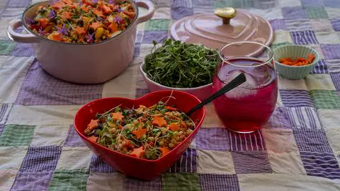 rainbow cous cous salad in a bowl.