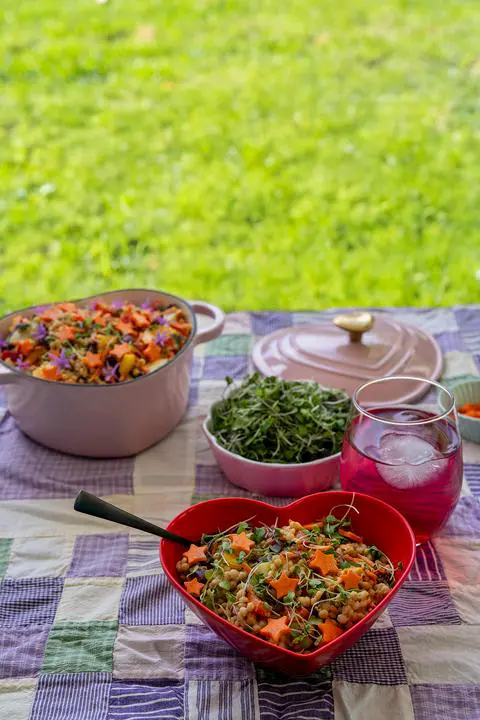 summer picnic table with couscous salad.
