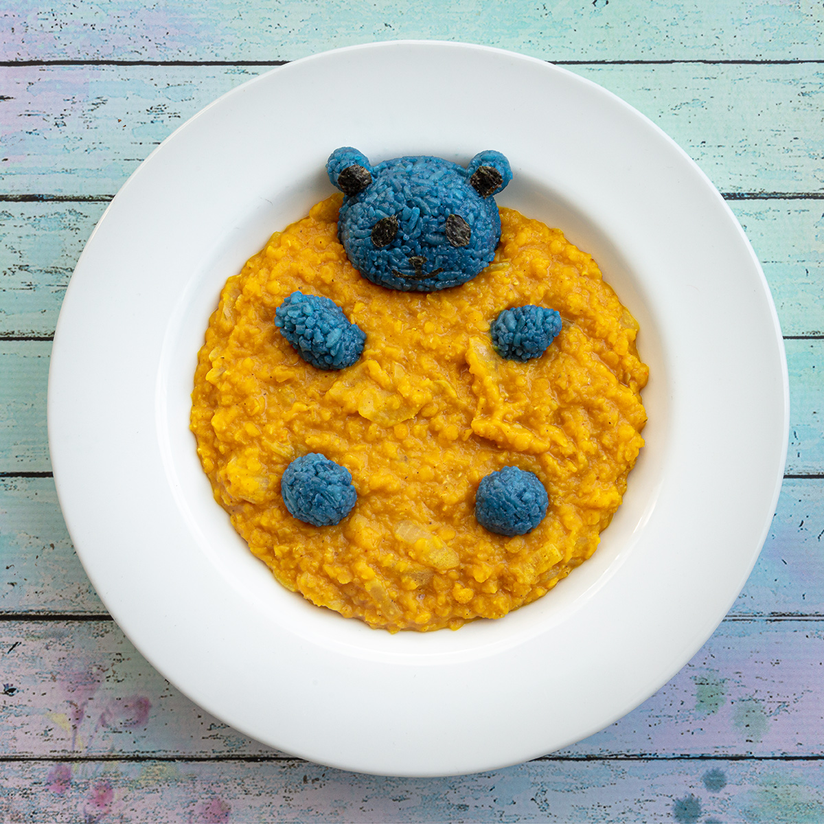 Vegan Dal Blanket covering a blue rice bear