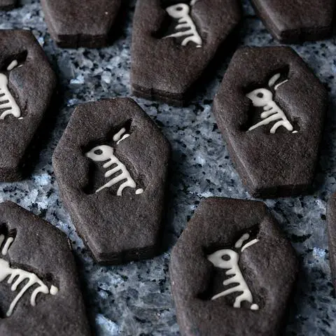 closeup of vegan dead bunny coffin cookies