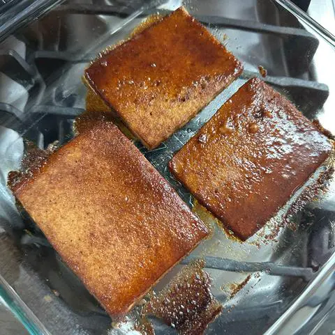 vegan ham slices fresh from the oven.