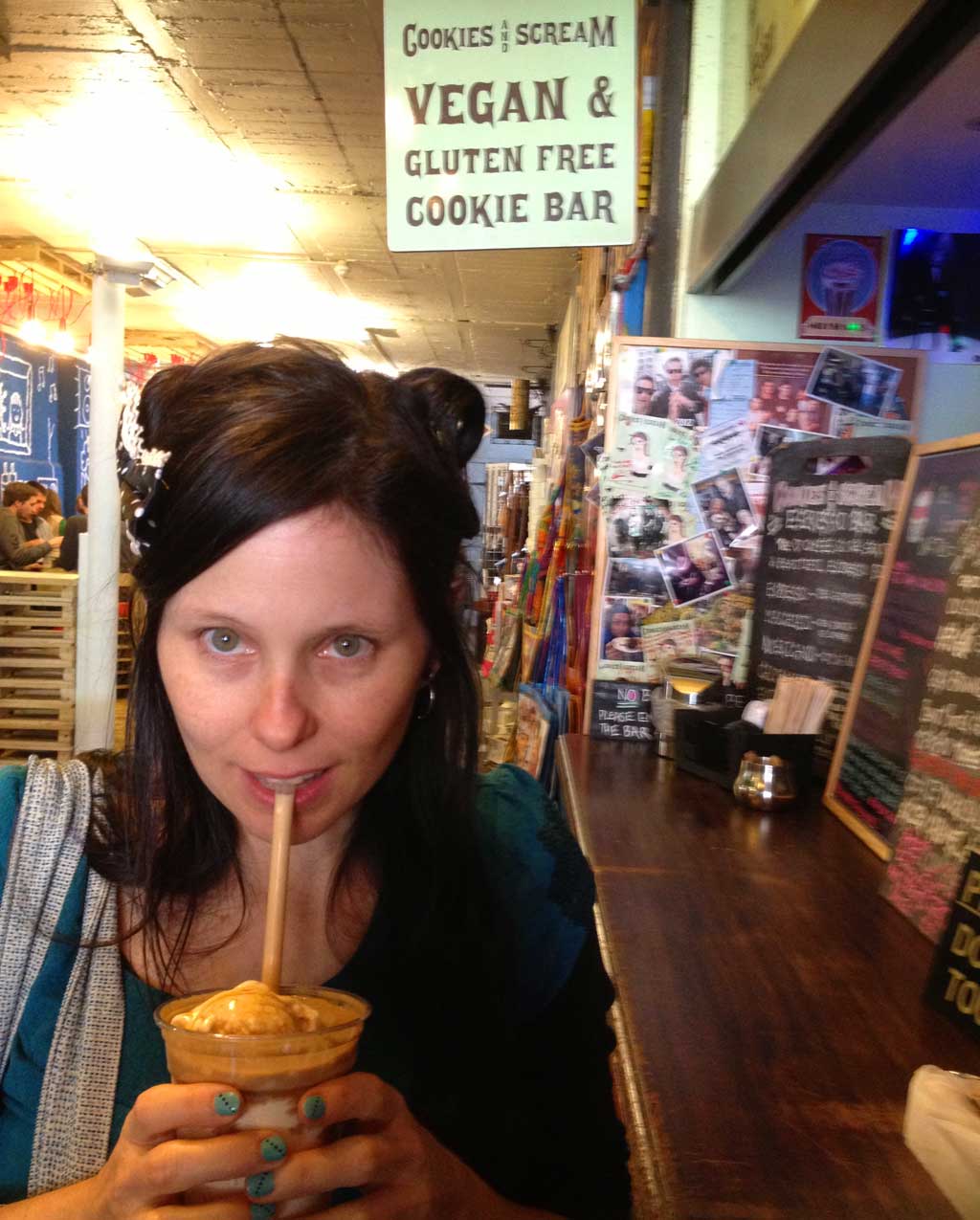 Roin drinking a vegan milkshake at cookies n scream