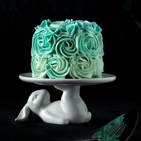 mini vegan chocolate cake with blue ombre vanilla frosting