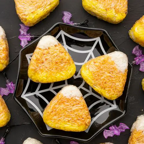 3 tuna onigiri that look like candy corn are on a black spider web plate, and there are purple bat lights around it and more vegan onigiri.