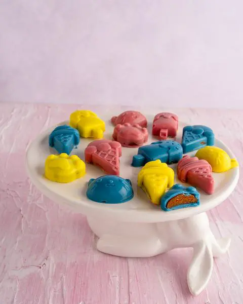 low fat peanut butter cups on a bunny cake stand.