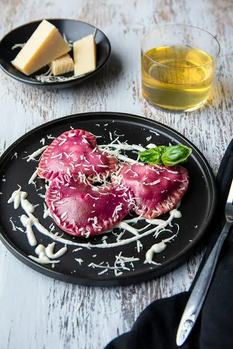 vegan pink heart spinach ravioli