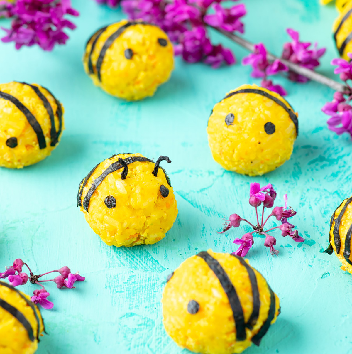 vegan korean rice balls that look like bumble bees