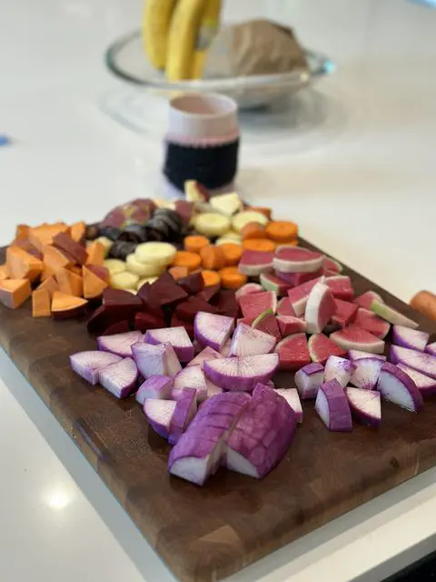 cutting root veggies.