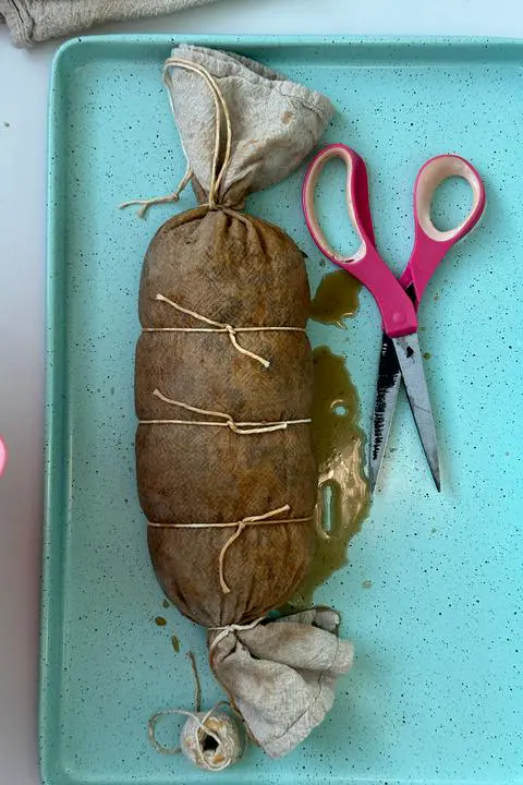 the roast all tied up and ready to steam or boil