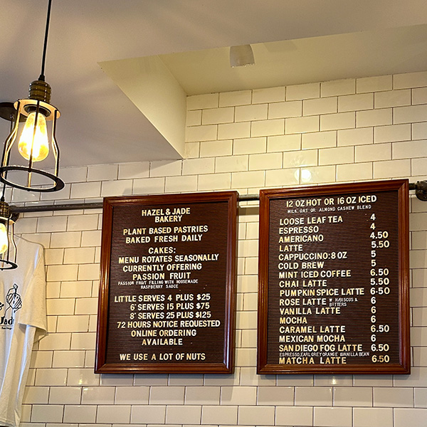 vegan menu at Hazel & Jade in San Diego.