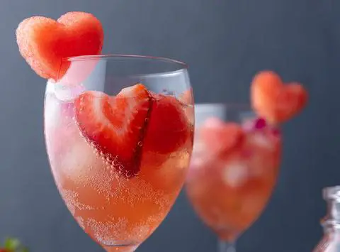 2 glasses of pink sangria with heart shaped watermelon and strawberries in the glasses