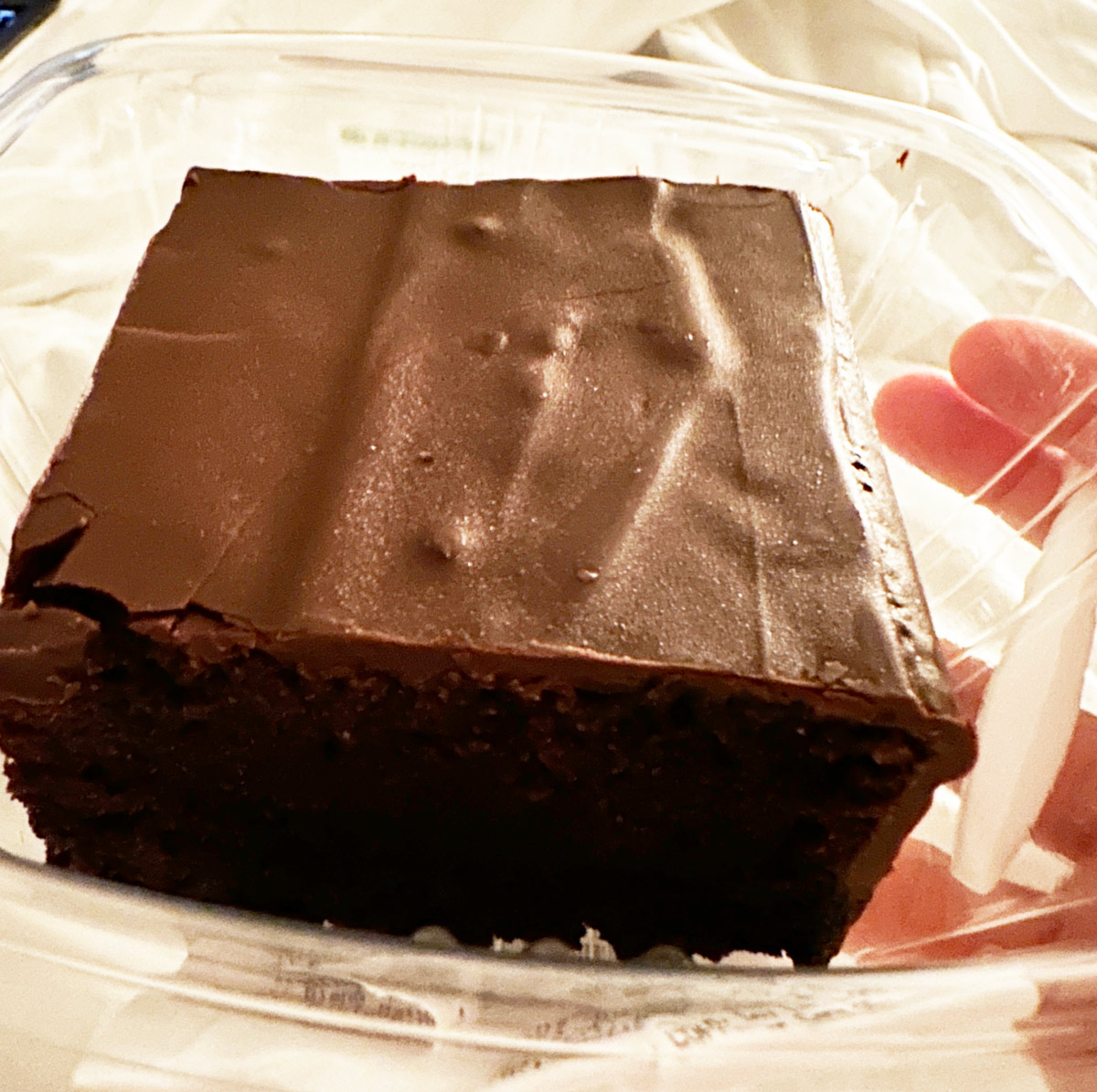 piece of chocolate cake in a takeout container