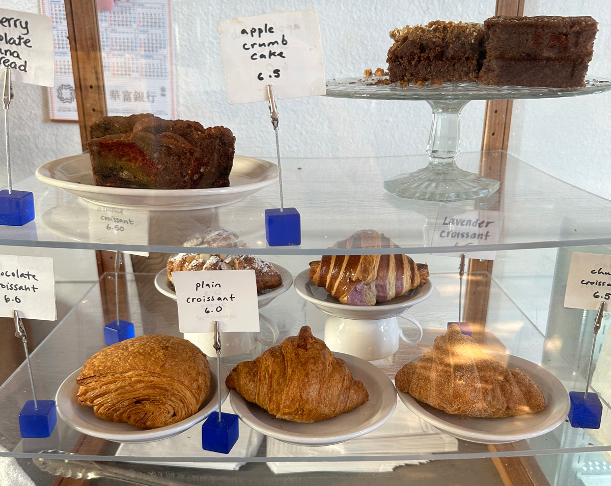 the dessert case at Lazy Cow bakery