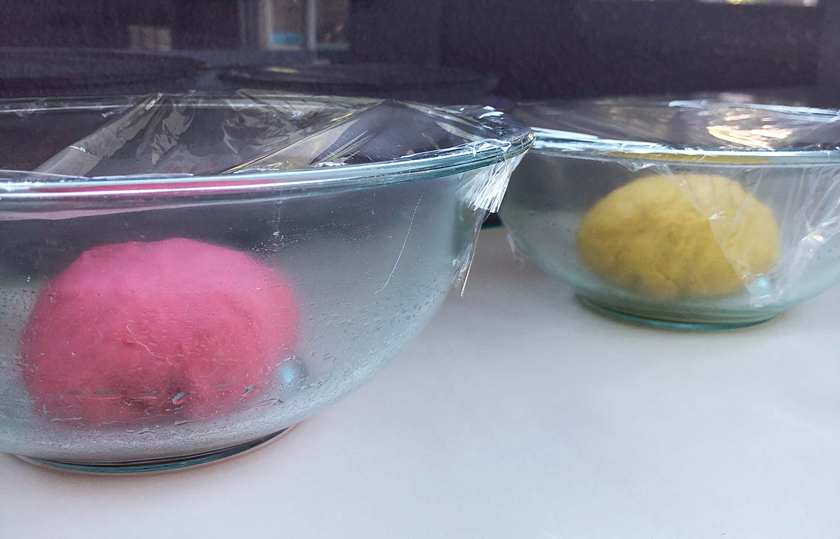 Colored bread dough ready to rise