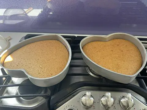 2 heart-shaped vanilla cakes cooling on the stove.